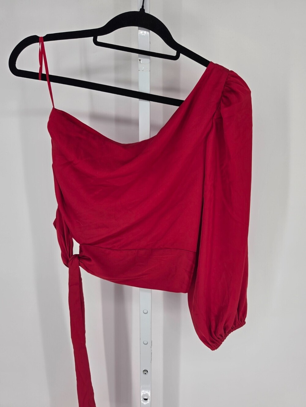 Express Womens Sz XS one-shoulder top long puff sleeve side tie waist Red NEW